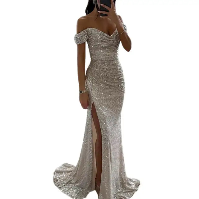 "Elegante off-shoulder maxi jurk met lovertjes, geplooide mouwen en V-hals, geschikt voor avondfeesten of chique gelegenheden