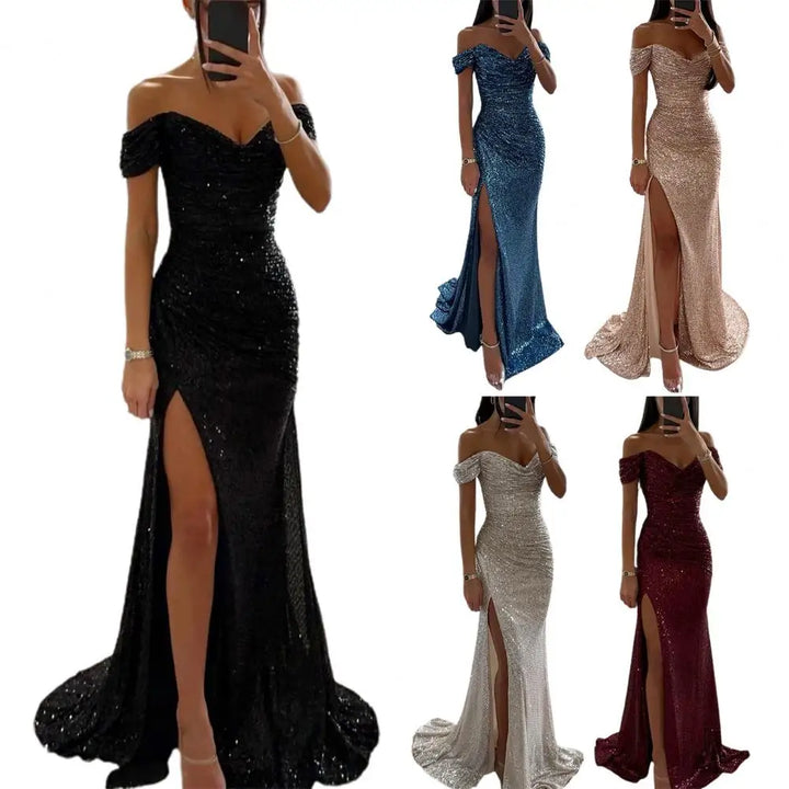 "Elegante off-shoulder maxi jurk met lovertjes, geplooide mouwen en V-hals, geschikt voor avondfeesten of chique gelegenheden