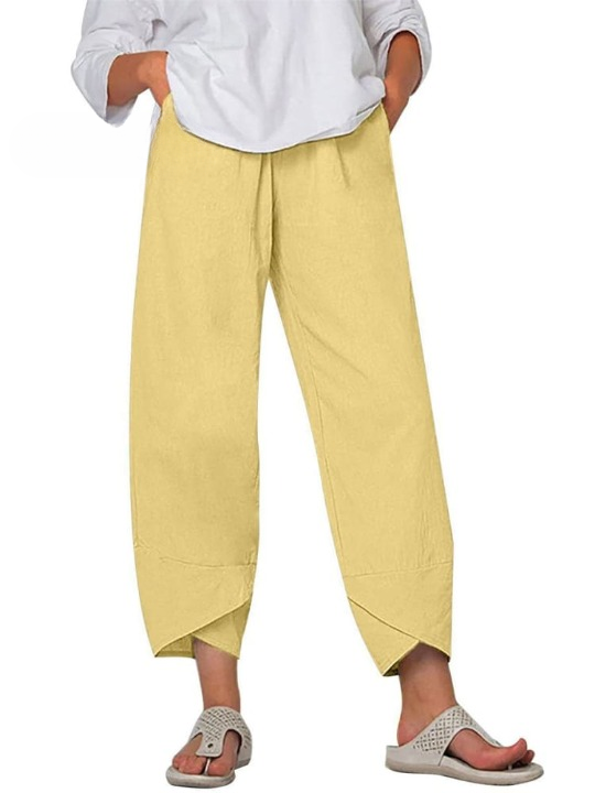 "Elegante Silvia Linnen Broek met relaxte pasvorm, elastische taille en zijzakken, perfect voor casual en comfort."