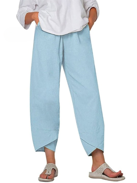 "Elegante Silvia Linnen Broek met relaxte pasvorm, elastische taille en zijzakken, perfect voor casual en comfort."