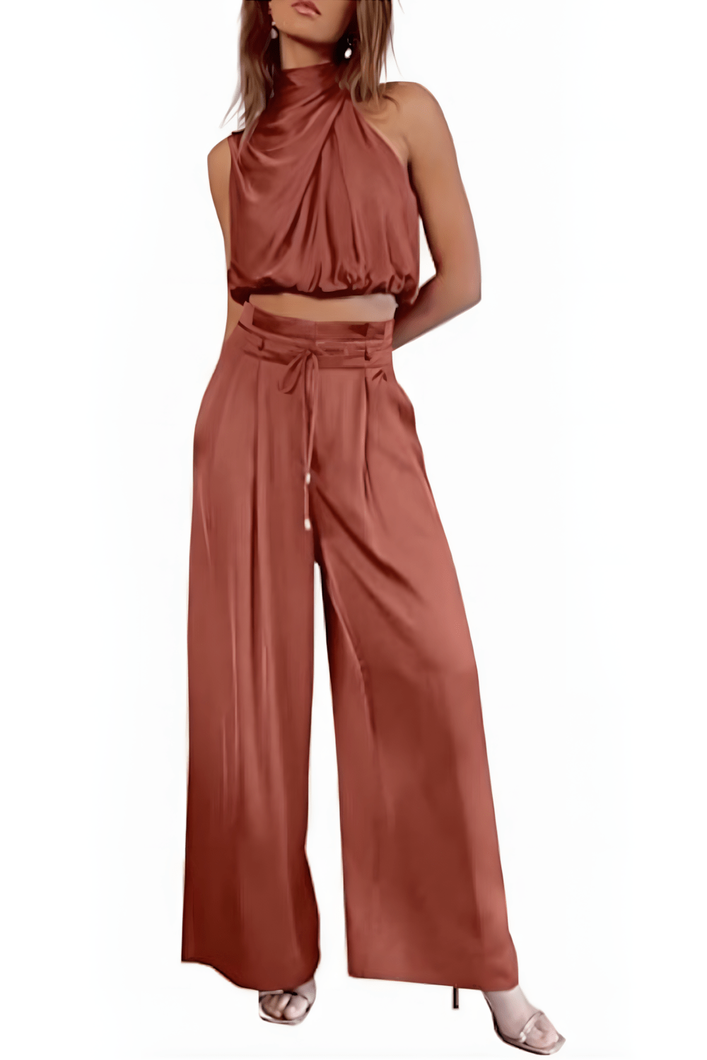 Tweedelige set dameskleding: mouwloze top & wijdvallende broek. Elegante zomeroutfit, comfortabel en stijlvol.