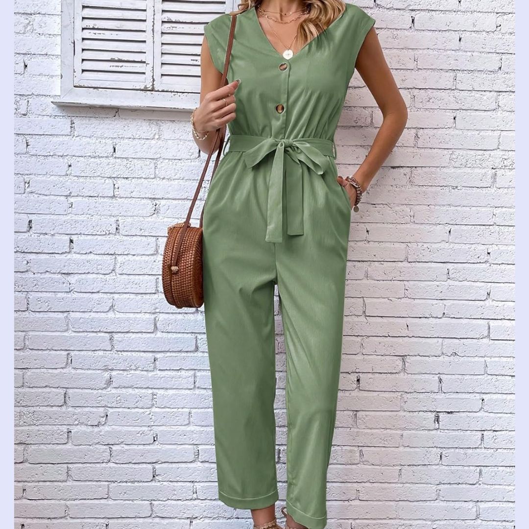 "Elegante V-hals dames jumpsuit, kort en luchtig, met trendy korte mouwen en cropped broeklengte, ideaal voor zomer"