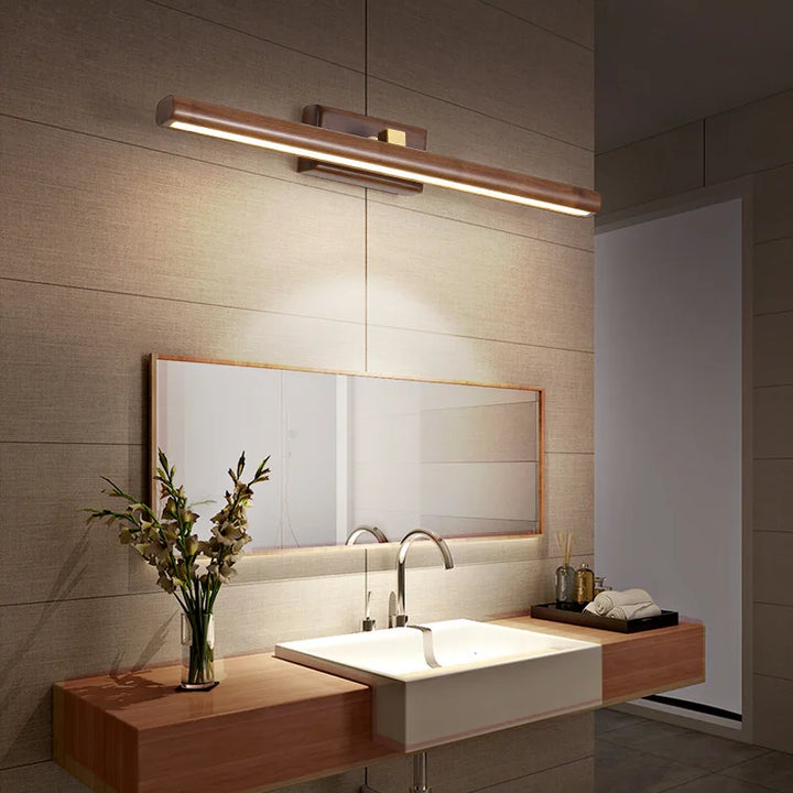 "Elegante wandlamp van zwarte walnoot met LED-verlichting, strakke afwerking, natuurlijke patronen, voor sfeervol interieur."