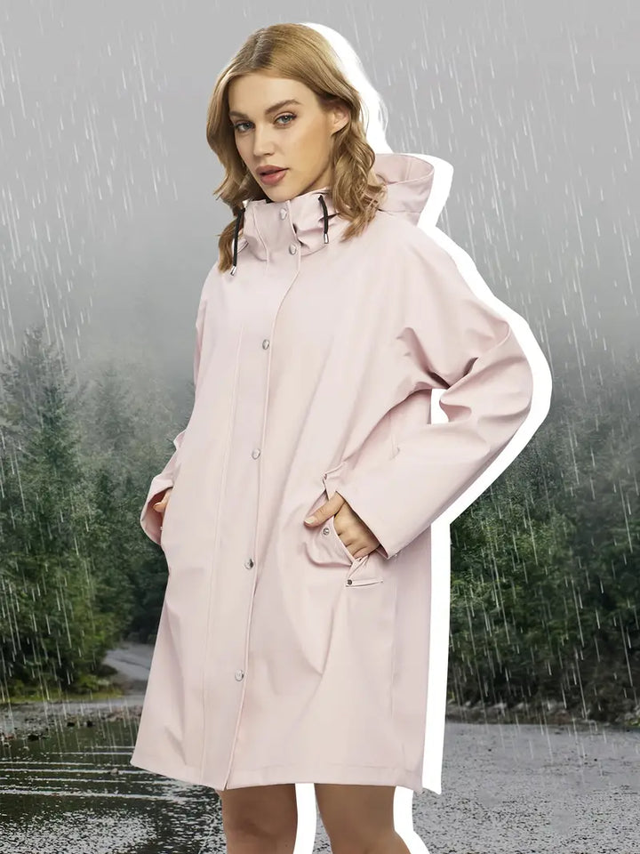 Elegante, waterdichte damesjas met capuchon; modieus ontwerp, verstelbaar, ideaal voor regenachtige dagen.