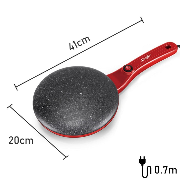 "Elektrische crêpe maker met antiaanbaklaag, groot kookoppervlak en compacte vorm; ideaal voor pannenkoeken en crêpes."