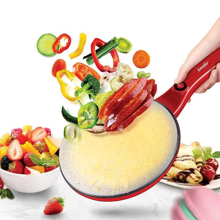 "Elektrische crêpe maker met antiaanbaklaag, groot kookoppervlak en compacte vorm; ideaal voor pannenkoeken en crêpes."