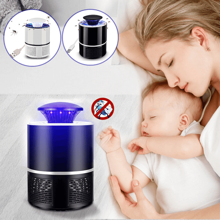 "Elektrische muggendoder lamp, krachtig design, USB oplaadbaar, stil, elegant zwart, geschikt voor binnen en buiten."