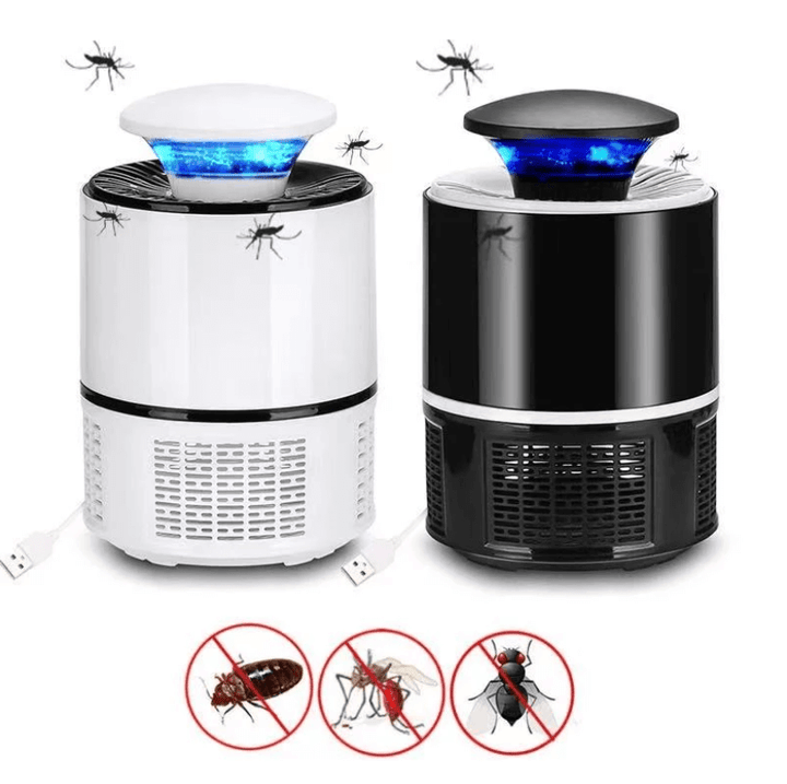 "Elektrische muggendoder lamp, krachtig design, USB oplaadbaar, stil, elegant zwart, geschikt voor binnen en buiten."