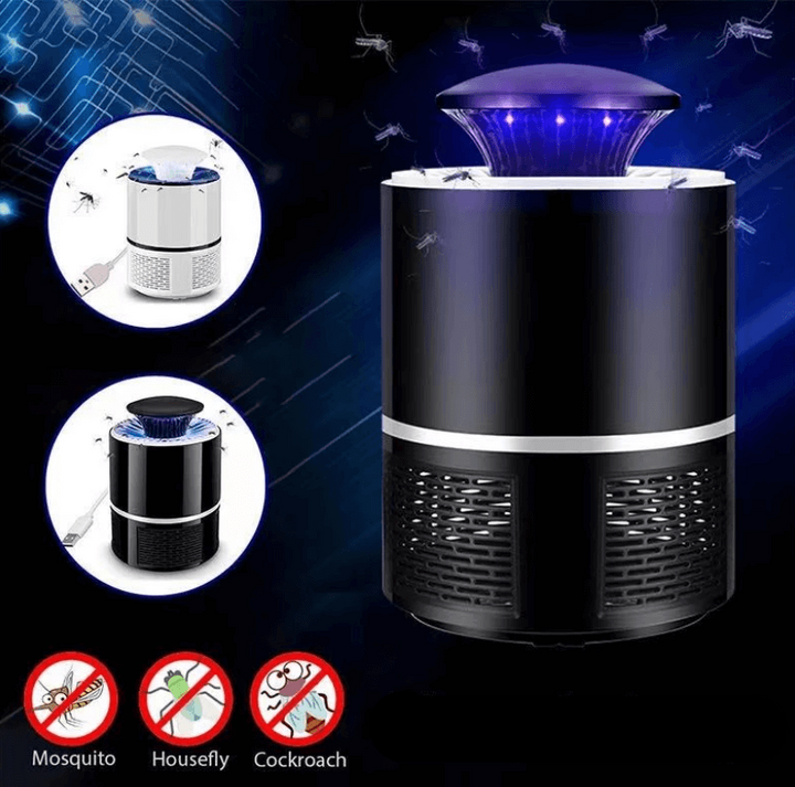 "Elektrische muggendoder lamp, krachtig design, USB oplaadbaar, stil, elegant zwart, geschikt voor binnen en buiten."