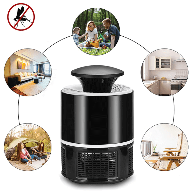 "Elektrische muggendoder lamp, krachtig design, USB oplaadbaar, stil, elegant zwart, geschikt voor binnen en buiten."