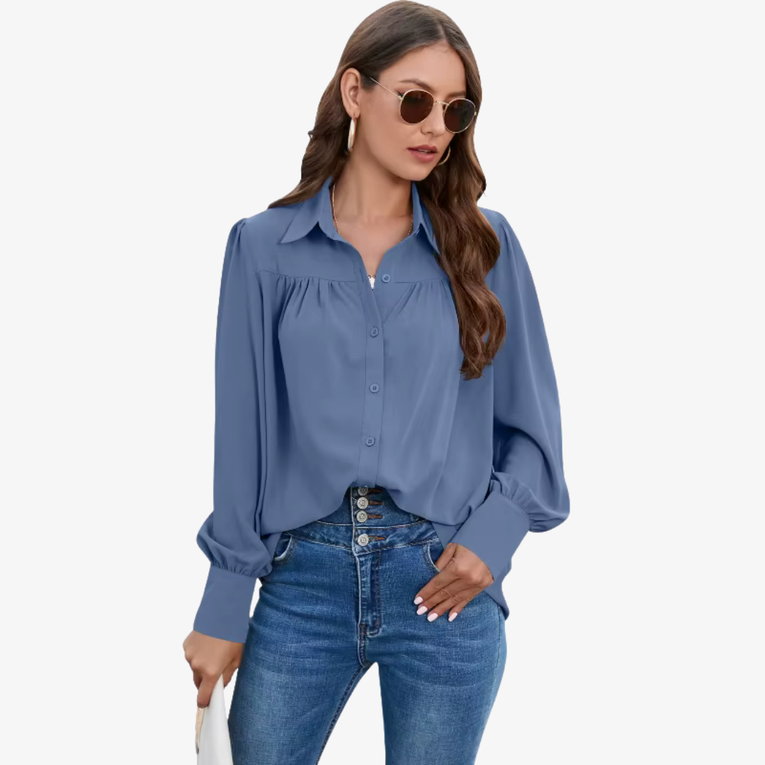 "Elin chiffon blouse met luchtige lantern-mouwen en knoopsluiting, ideale stijlvolle damesmode in diverse kleuren."