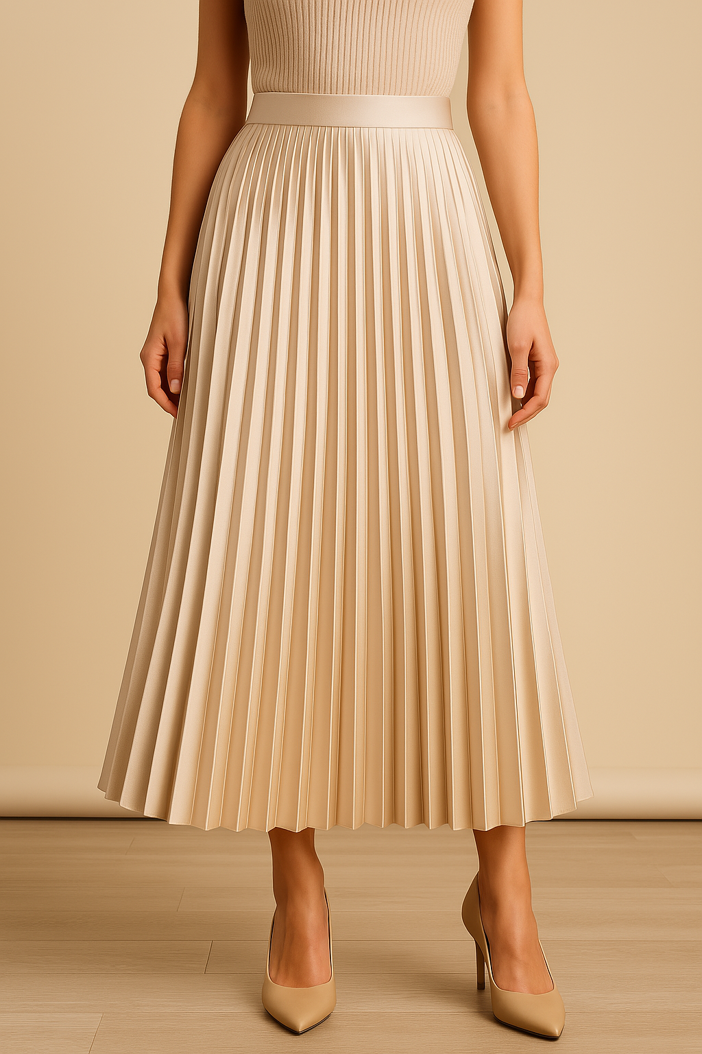 "Elva satijnen plissérok, hoge taille, glanzende stof, elegante uitstraling in meerdere kleuren"