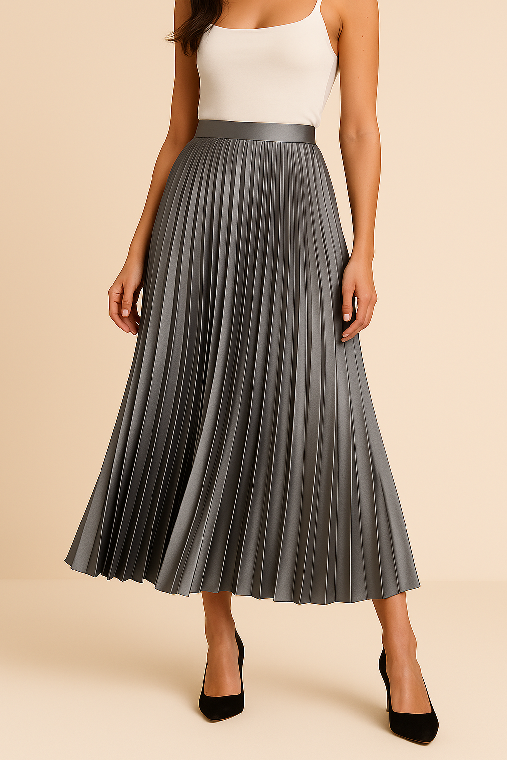 "Elva satijnen plissérok, hoge taille, glanzende stof, elegante uitstraling in meerdere kleuren"