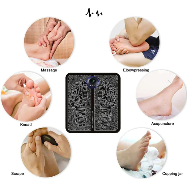 "EMS mat voor neuropathie met blauw-wit patroon, gestroomlijnd ontwerp voor ontspanning en betere bloedsomloop thuis."