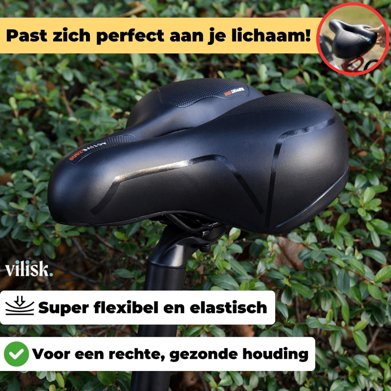 "Ergonomisch SoftRide fietszadel voor comfort, zwart kunstleer, verlicht rug- en zitbeenklachten, geschikt voor lange ritten.