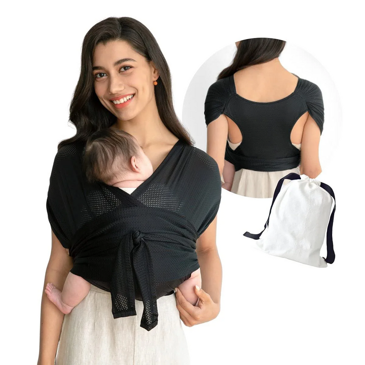 Ergonomische SnuggleWrap draagdoek, comfortabel baby dragen, verstelbare schouderbanden, grijs, ademend materiaal.