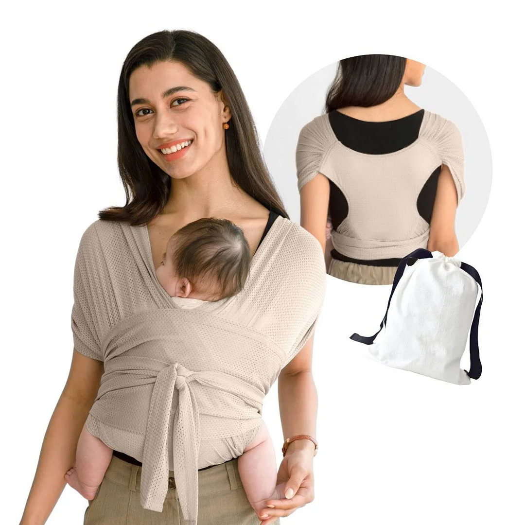 Ergonomische SnuggleWrap draagdoek, comfortabel baby dragen, verstelbare schouderbanden, grijs, ademend materiaal.