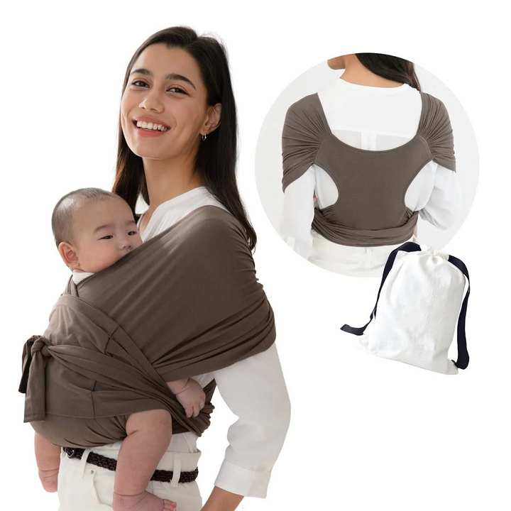 Ergonomische SnuggleWrap draagdoek, comfortabel baby dragen, verstelbare schouderbanden, grijs, ademend materiaal.