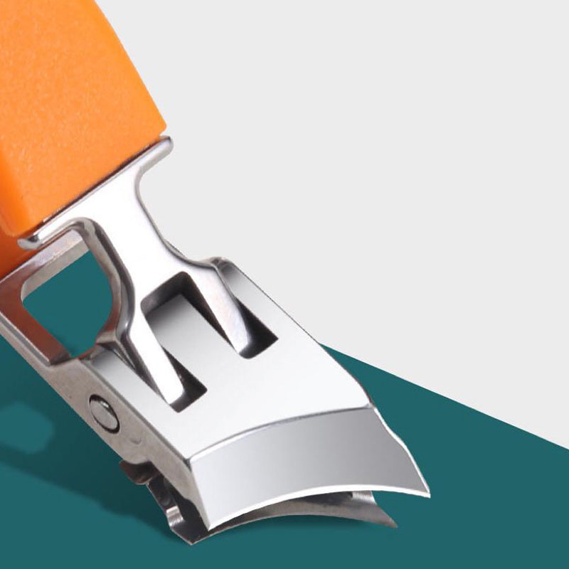 "Extra brede heavy-duty nagelknipper in zwart-oranje, ergonomische greep, voor dikke nagels; precisie en duurzaamheid."