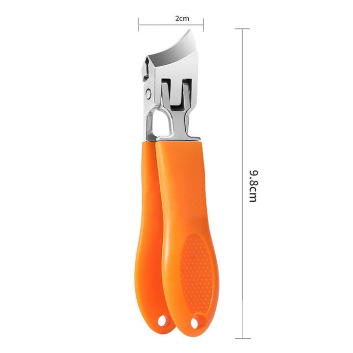 "Extra brede heavy-duty nagelknipper in zwart-oranje, ergonomische greep, voor dikke nagels; precisie en duurzaamheid."