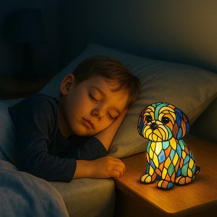 Een kind slaapt rustig met de zacht gloeiende Lumidog Maltezer lamp op het nachtkastje.