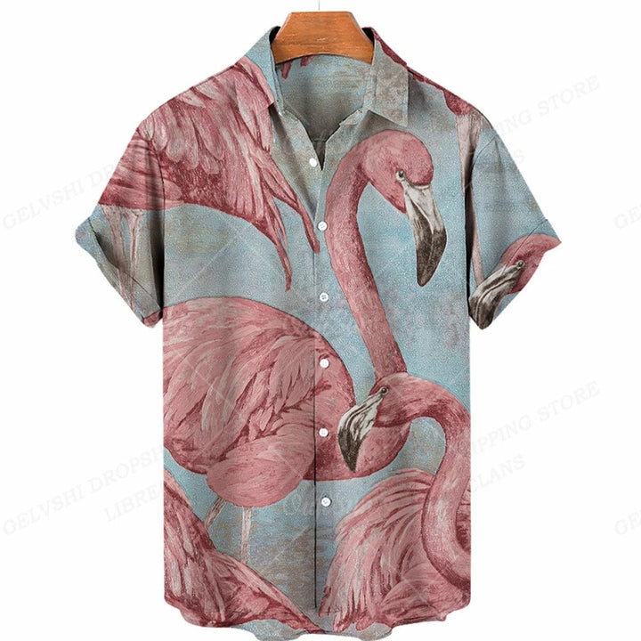 Heren Hawaïhemd met roze flamingo print in het blauw