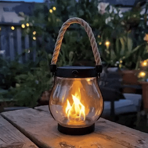 Sfeervolle solar vlamlantaarn brandend in de avondtuin