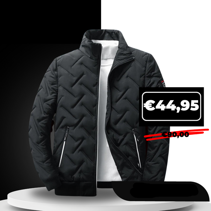 "Fabio gewatteerd herenjack, modieus en veelzijdig, ideaal voor casual looks in groen, wit/grijs en zwart."