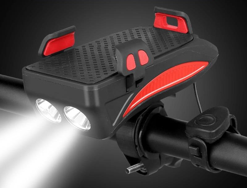 Unisex fiets telefoonhouder 4-in-1 met powerbank, heldere fietsverlichting en claxon voor elke fietser.