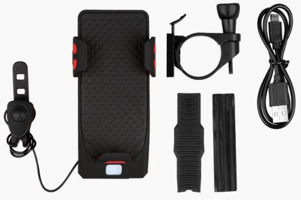 Multifunctionele fietsgadget: telefoonhouder, powerbank, felle verlichting en luide claxon voor optimale veiligheid.