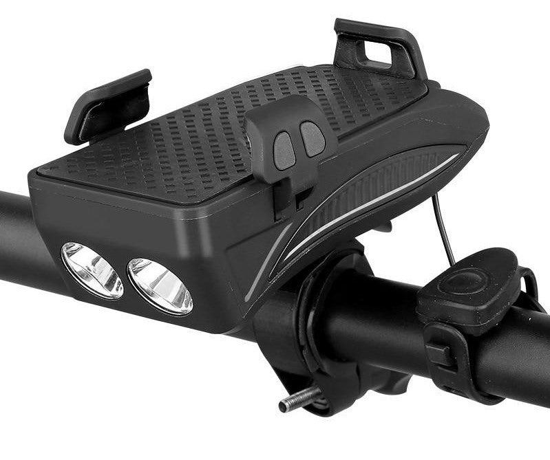 Compacte fiets telefoonhouder met helder fietslicht, nood powerbank en luide claxon. Alles-in-één voor onderweg gemak.
