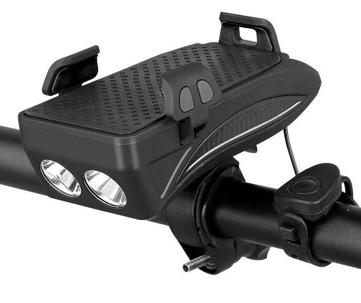 Compacte fiets telefoonhouder met helder fietslicht, nood powerbank en luide claxon. Alles-in-één voor onderweg gemak.