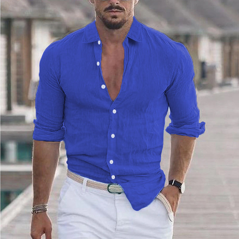 Groen heren linnen overhemd met casual snit en moderne kraag, uitstekend voor een frisse look.