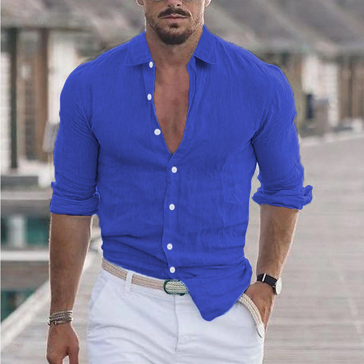 Groen heren linnen overhemd met casual snit en moderne kraag, uitstekend voor een frisse look.