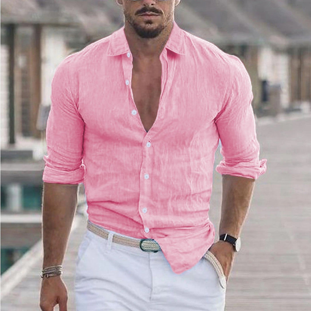 Zwart heren linnen overhemd met moderne turn-down kraag, voor een elegante en casual uitstraling.