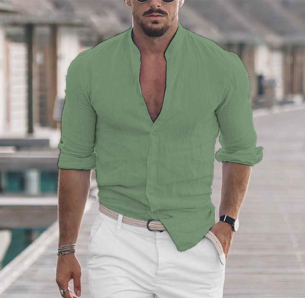 Stijlvol linnen heren overhemd met mock hals, comfortabel en perfect voor de zomer.