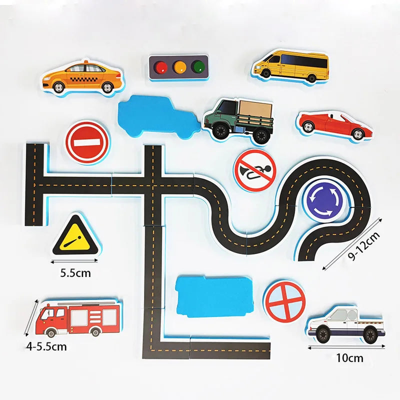 "Foam verkeer badspeelgoedset: kleurrijke schuimautootjes en -wegen voor creatief badplezier en leren over verkeer."