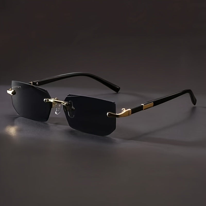 Heren frameloze zonnebril met vierkante glazen, vintage stijl en lichtgewicht roestvrijstalen montuur voor de zomer.