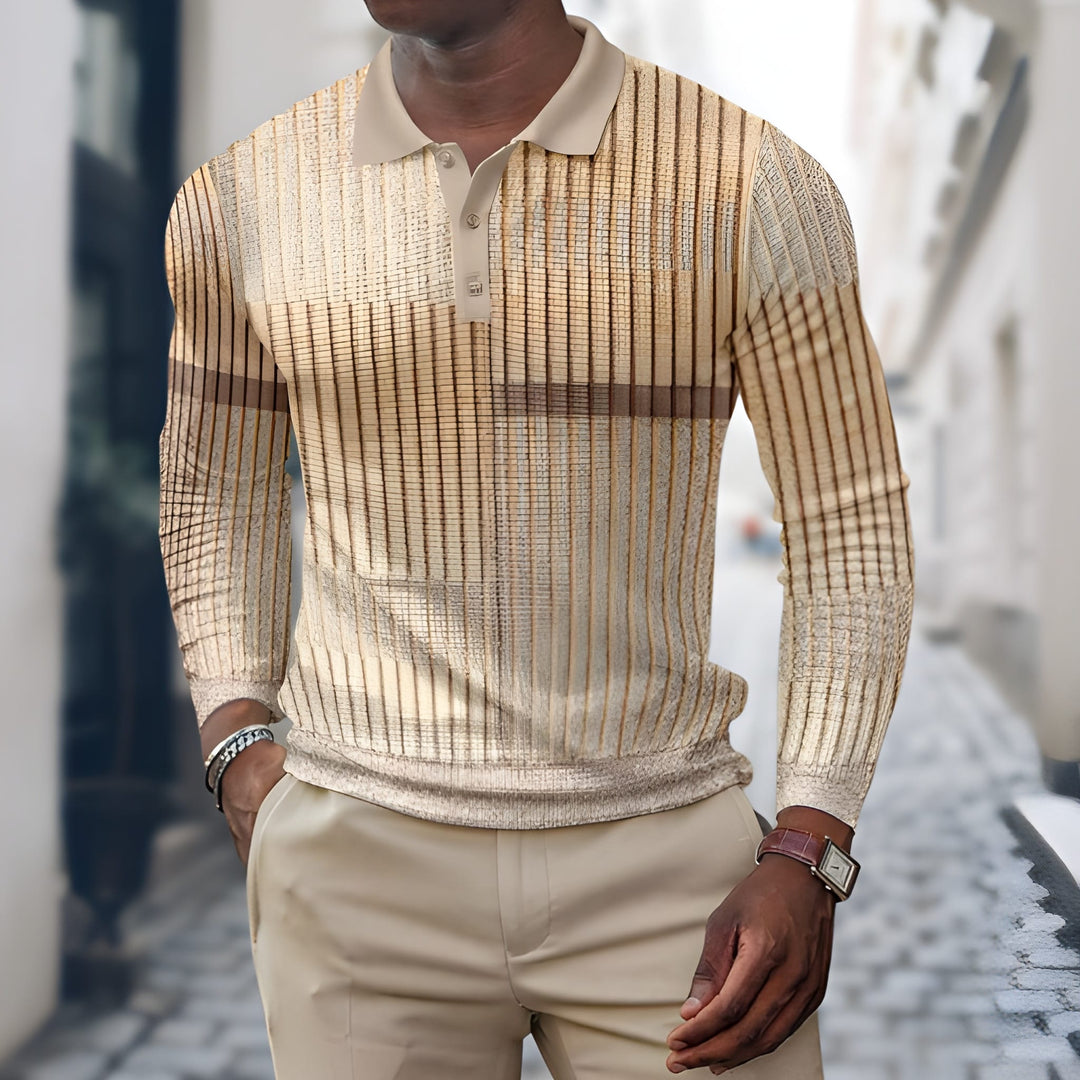 Heren polo met lange mouwen en uniek patchwork design voor een modieuze casual en elegante stijl.