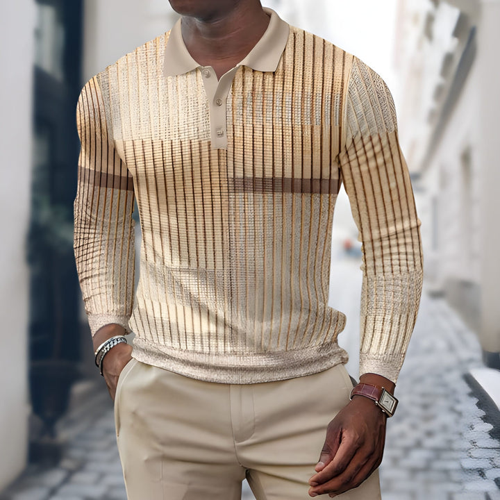 Heren polo met lange mouwen en uniek patchwork design voor een modieuze casual en elegante stijl.