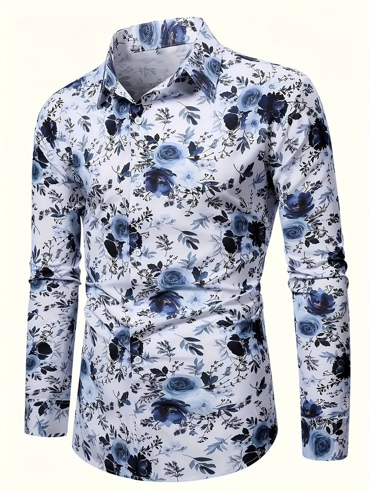 Heren overhemd met blauwe bloemenprint en lange mouw gedetailleerd