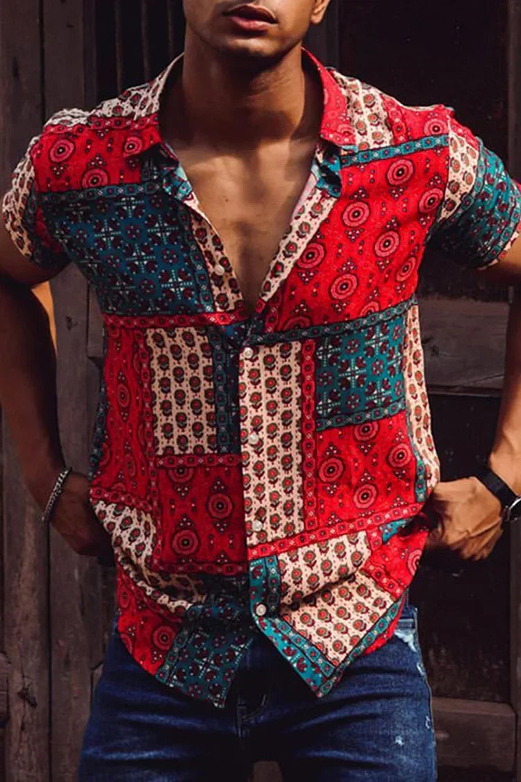 Heren boho overhemd met levendige kleurrijke print en trendy campkraag, perfect voor zomerse dagen.