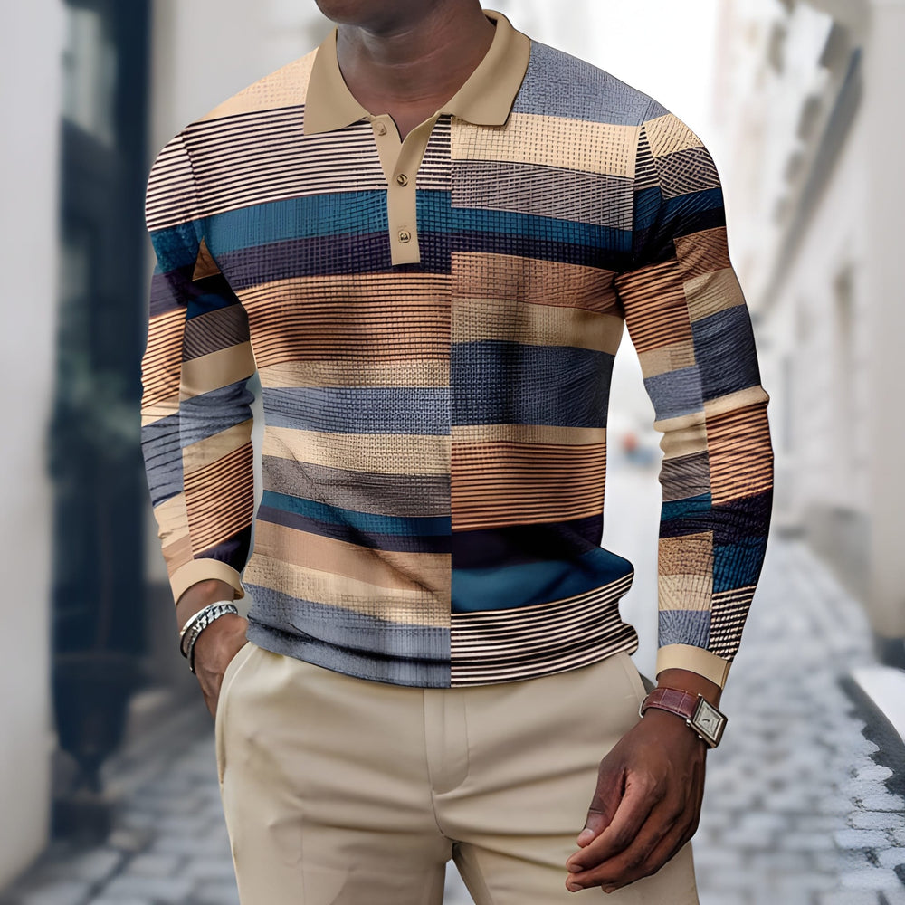 Comfortabel heren poloshirt met lange mouwen en patchwork; veelzijdig voor lente & herfst streetwear.