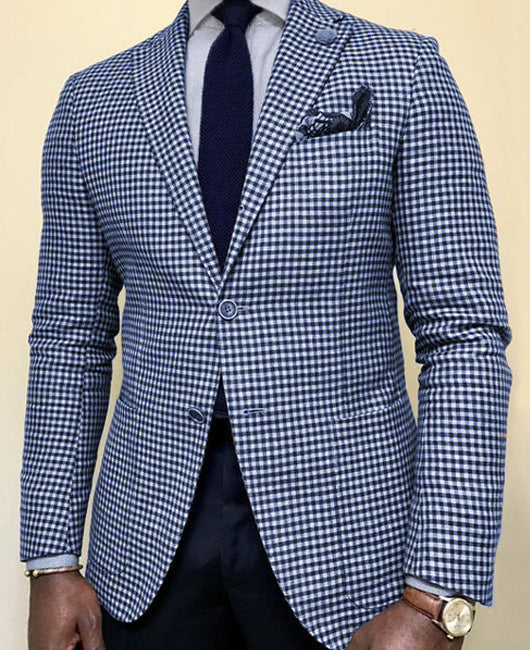 Blauwe heren blazer met ruitjespatroon op paspop gedragen