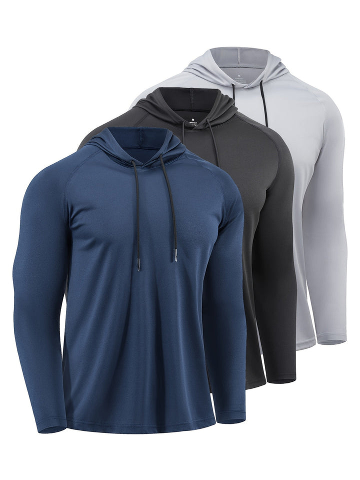 Drie heren sport hoodies in blauw, zwart en zilver op een rij