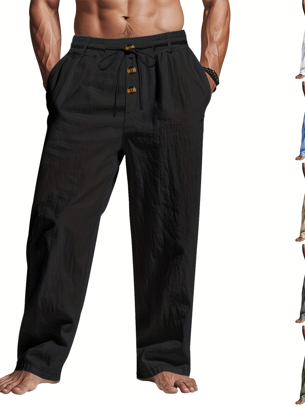 Casual linnen herenbroek met trekkoord en rechte pijpen, perfect voor strand, vakantie of vrije tijd.