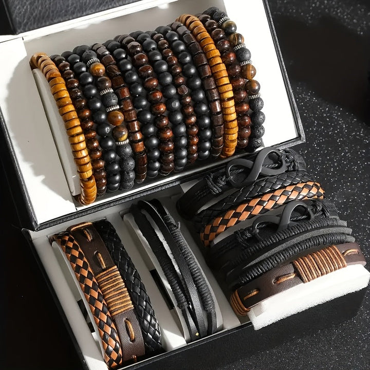Collectie van 24 trendy herenarmbanden, ideaal voor een stoere streetstyle look. Een must-have accessoire set.