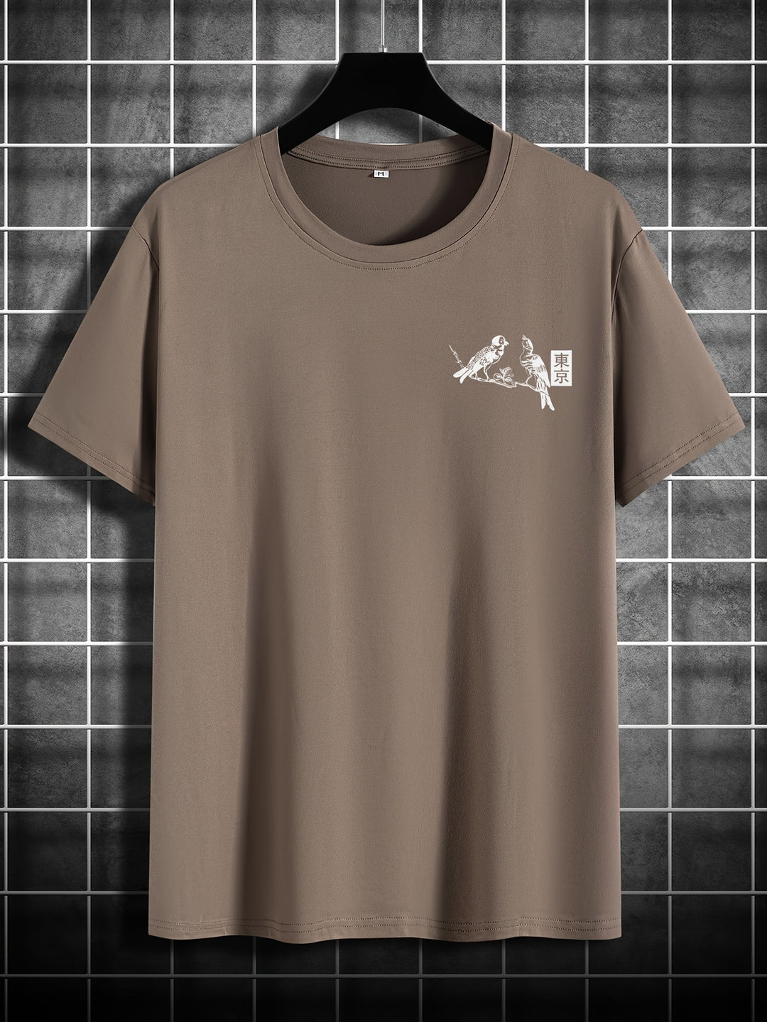 Trendy heren zomer T-shirt met bloemen- en vogelprint, korte mouwen, ronde hals en casual stijl.