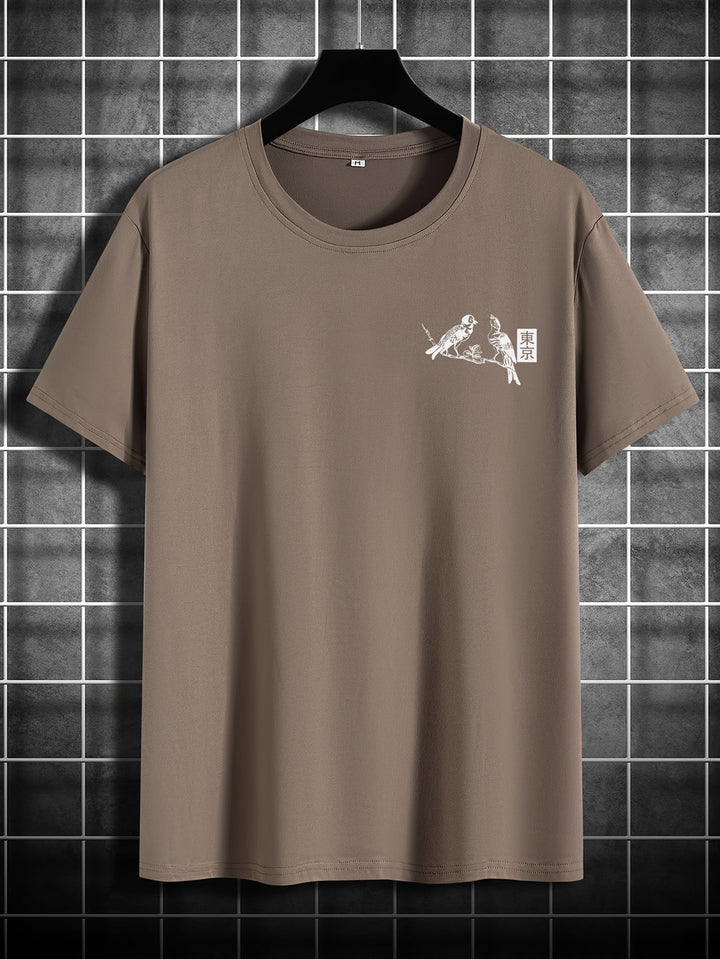 Trendy heren zomer T-shirt met bloemen- en vogelprint, korte mouwen, ronde hals en casual stijl.