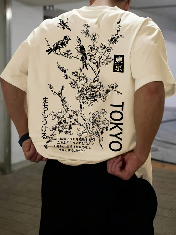 Zomers heren T-shirt met vogel- en bloemenprint, comfortabel en stijlvol voor strand en vrije tijd.